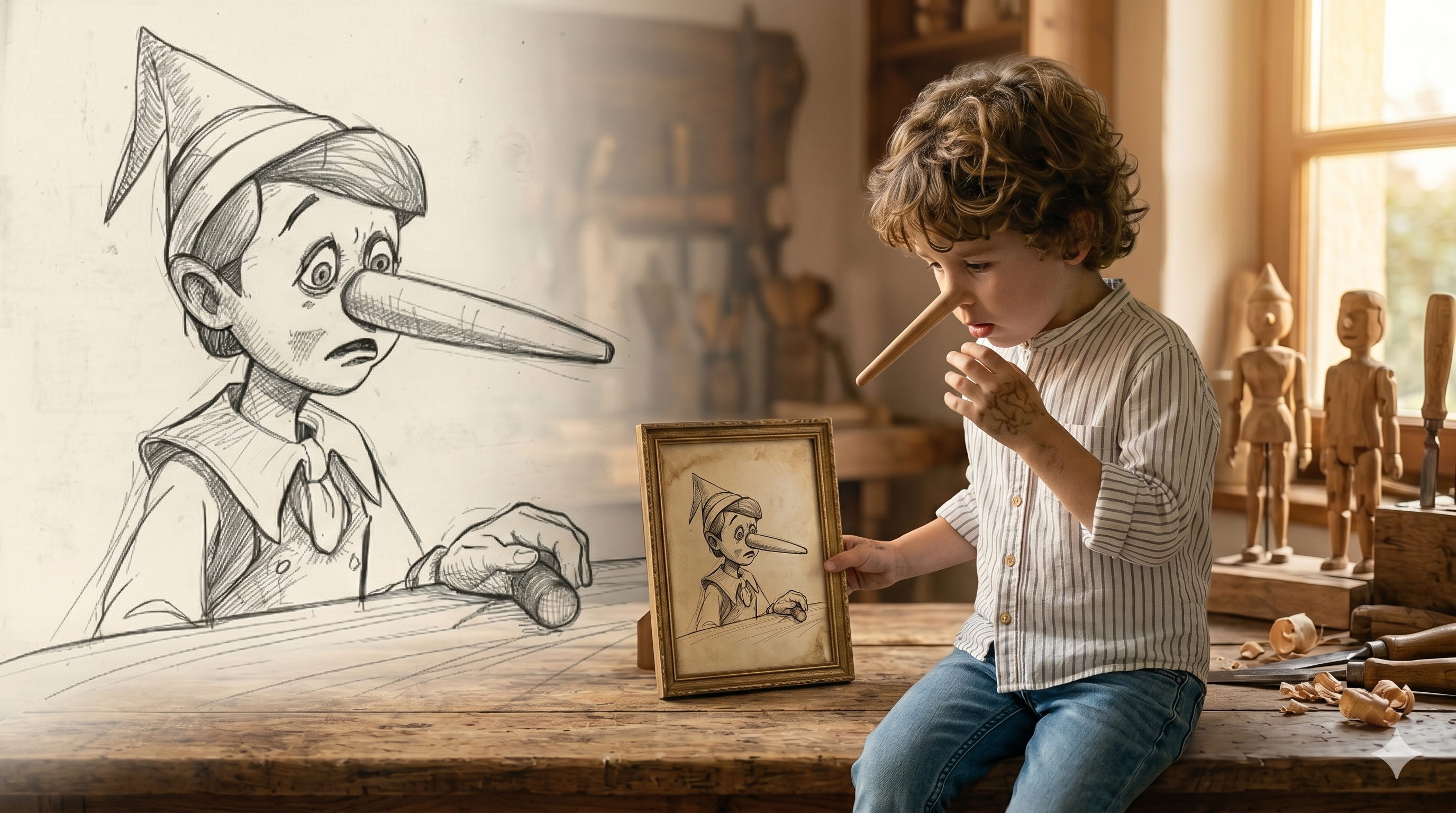 Niño con nariz de madera tipo Pinocho sentado junto a un dibujo del personaje, ilustrando el simbolismo de la mentira infantil en pedagogía.