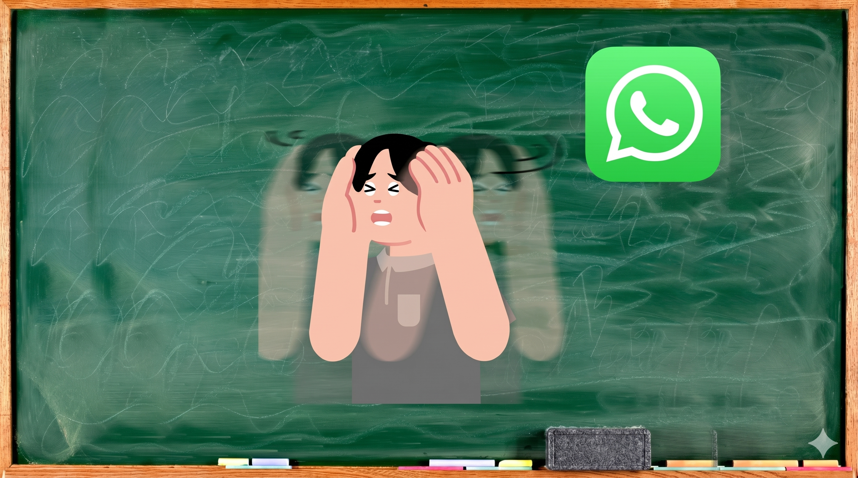 Padre o madre agobiado ante el ruido digital del grupo de WhatsApp del colegio, representando el estrés y la falta de criterio propio en la educación familiar.